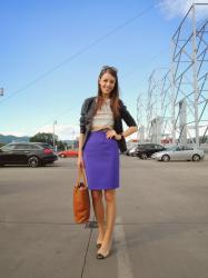 purple pencil skirt in casual outfit