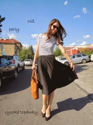 black midi skirt with striped t-shirt