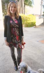 Blazer, Printed Dress, Leather Boots | Leopard Scarf, Hoodie, Skinny Jeans and Converse