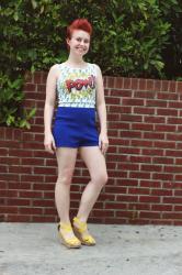 Outfit: Red Fauxhawk, Comic Print Shirt, Blue Shorts, & Yellow Wedge Sandals