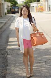 Pink Shorts and Orange Tone Birkin Bag