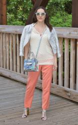 GIUSEPPE ZANOTTI HEELS, CORAL PANTS, AND MACRAME SWEATER