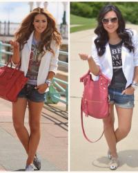 Red bag, white blazer, and blue jean shorts
