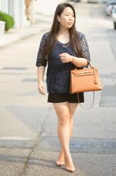 Navy Blue Lace and Brown Kelly Bag 