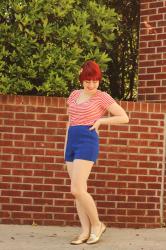 Outfit: 4th of July Red Stripes, Blue Shorts, & Gold Sparkly Loafers