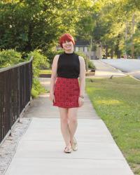 Outfit: Maroon Patterned Mini Skirt, High Neck Sleeveless Top, & Gold Loafers