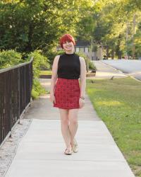 Outfit: Maroon Patterned Mini Skirt, High Neck Sleeveless Top, & Gold Loafers