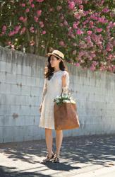 Shopping Beautiful: Lace Dress and Brown Tote
