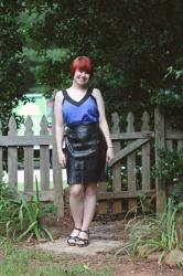 Outfit: Leather Pencil Skirt, Blue Tank Top, Wedge Sandals, & a Spiked Bracelet