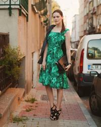 GREEN MIDI DRESS + LEATHER JACKET