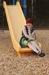 Outfit + Video: Asymmetrical Galaxy Print Skirt, Polka Dot Crop Top, & Black Wedges