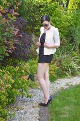 Peplum Jacket with Lace Detail / Prada Baroque Sunglasses / High Waisted Skort