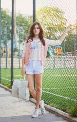 SPORT TIME: PINK BOMBER, WHITE SHORTS AND BACKPACK