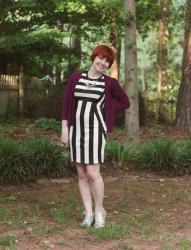 Outfit: Striped Bodycon Dress, Purple Cardigan, and Silver Oxford Shoes