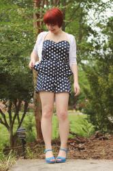 Outfit: Polka Dot Peplum Romper, White Cardigan, & Blue Wedges