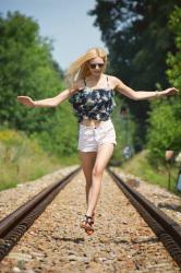 powder shorts + floral top.