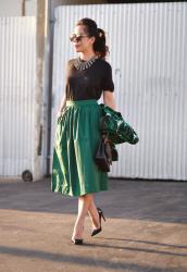 Green Night Out: Printed Jacket and Midi Skirt