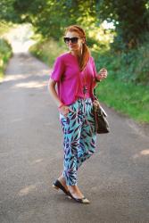Tropical Palm Print Trousers, Hot Pink and Gold