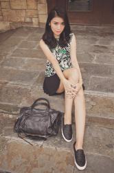 (Zara top, INGNI skort, Balenciaga bag, Tory Burch Jesse Quilted...