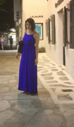 shopping in Mykonos with a long blue dress 