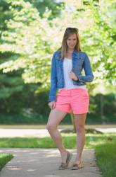 coral shorts, coral lip sheer