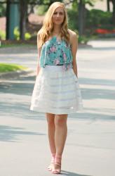 Floral Ruffle Blouse + White Skater Skirt