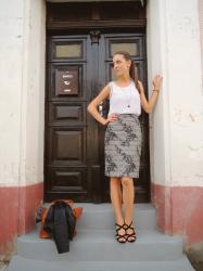 grey pencil skirt with black flowers