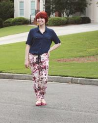 Outfit: Pink Floral Jeans, Navy Blue Button Down, and Pink Sandals