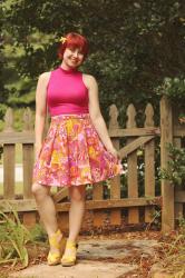 Outfit: Colorful Sea Print Skirt, Pink Sleeveless Turtleneck, & Yellow Wedges