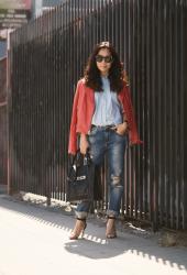 Double Denim and Red Leather Jacket