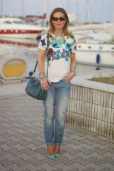 Jeweled boyfriend jeans, Tiffany pumps