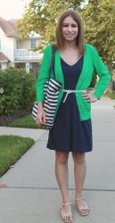 Emerald Green Cardigan + Navy Dress