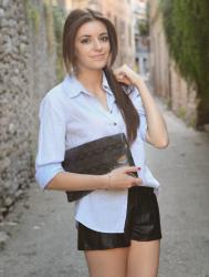 BLUE SHIRT AND LEATHER SHORTS