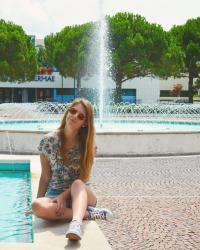 Outfit: floral tee and ripped shorts