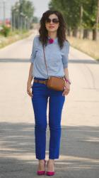 Cobalt blue with pops of fuchsia and brown