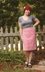 Outfit: Peach Lace Overlay Skirt, Gray V-neck T-shirt, Black Clog Sandals, & a Flower Hair Clip
