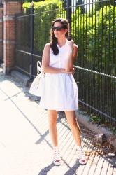All White in Shirtdress and Gladiator Sandals