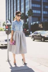 Polka Dot Midi Skirt and Saint Laurent Transparent Bag