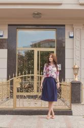 BREATH OF FALL: NAVY MIDI SKIRT & FLORAL BLOUSE