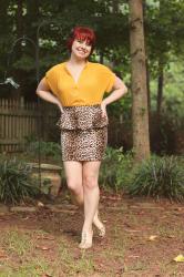 Outfit: Leopard Print Peplum Skirt, Yellow Blouse, and Clear Studded Sandals