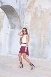 high-low burgundy skirt