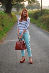 A Semi Preppy Look With Breton Stripes, Red and Mint