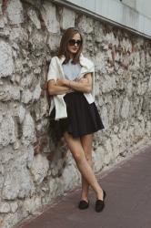 White fluffy sweater + blue skirt