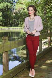 Transitioning into Fall - Burgundy Skinnies & Lavender Blazer