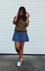 dress, sweatshirt and white sneakers