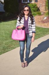 Print mix + navy heels