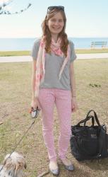 Grey Tee, Pink Leopard Print Jeans | Tie Dye Maxi Dress, Blue Cardi