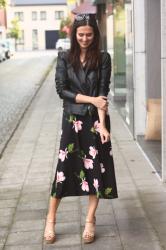 Floral Dress, Leather Jacket and Gold Wedges