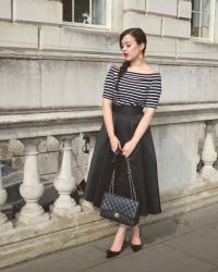 London Fashion Week Day 3 Outfit - Black Satin Skirt, (Faux) Mink Stole & Pointed Bow Heels