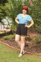 Outfit: Blue Striped Blouse, Black Linen Shorts, & Silver Sandals